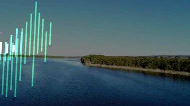 Şeffaf dikey bar grafikleri ve düz bir şekilde sakin göl kenarlarında yüzen eğri çizgi grafikleri. Soyut, veri görselleştirme, bilgi, modern, açık hava, doğal, sakin