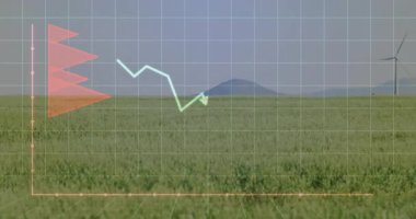 Neon yeşil çizgisi düz dizaynlı türbinlerin yanındaki kırmızı parmaklıkları geçerek tarım arazisinde zikzak çiziyor. Yenilenebilir enerji, sürdürülebilirlik, tarım manzarası, veri görselleştirme, çevre dostu, çevresel, grafik tasarım