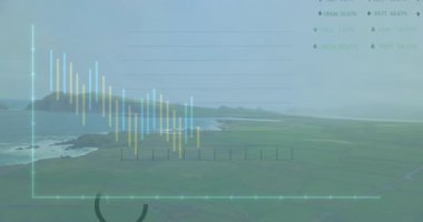 Veri görselleştirmesi, kıyı manzarası boyunca hareket ederek çubuk grafiklerini ve çizgi grafiklerini gösteriyor. Peyzaj, analitik, teknoloji, açık hava, görselleştirme, veri, çevre