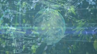 Orman tepe örtüsünde süzülen saydam küre ikili kodlar, neon çizgiler, veri işaretleri ile harmanlanıyor. Doğa, teknoloji, yenilik, dijital, ekoloji, veri görselleştirme, fütüristik