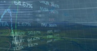 Kırsal alanlarda yüzen şamdanlar, yüzde etiketleri, pasta grafikleri, trend çizgileri. Gelecekçi, analitik, teknoloji, kırsal, manzara, veri görselleştirme, yenilik