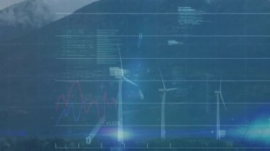Dağlık arazide dönen rüzgar türbinleri, şeffaf veri grafikleri, kod örtüleri gösteriyor. Yenilenebilir enerji, sürdürülebilirlik, dijital analiz, çevre teknolojisi, veri görselleştirme, çevre dostu, mühendislik