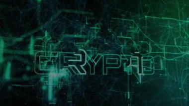 Siyah devre ağıyla canlandırılan kripto metin neon yeşil çizgiler ve düz dizaynlı düğümlerle. Dijital, teknoloji, fütüristik, siber, yenilik, engelleme zinciri, bağlantı