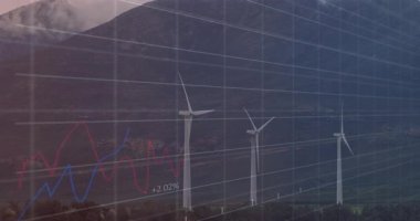 Rüzgar türbinleri dağ yamacında dönüyor, kırmızı dalgalı grafikler ve mavi yükselen çubuklar gösteriyor. Yenilenebilir enerji, sürdürülebilirlik, teknoloji, doğa, şebeke, çevre, çevre dostu