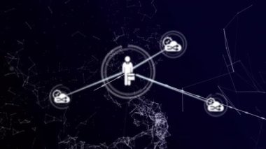 Evrak çantaları taşıyan iş simgelerini bulut senkronizasyonu sembollerine bağlayan tel çerçeveli bir ağ. Teknoloji, bağlantı, dijital, yenilik, veri, ağ, fütüristik