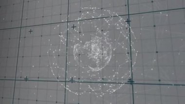 Üç boyutlu kablo küresi, beyaz düğümleri ince çizgilerle birleştirerek, sessiz şebeke düzleminin üzerinde yüzüyor. Fütürist, dijital, soyut, görselleştirme, ağ, teknoloji, veri