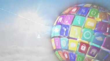 Bulutlu gökyüzünde yüzen uygulama simgelerinin 3 boyutlu küresel küresel küresi ve ağ düğümleri siluetleri birbirine bağlanıyor. Teknoloji, yenilik, ağ, bağlantı, dijital, fütürist, modern