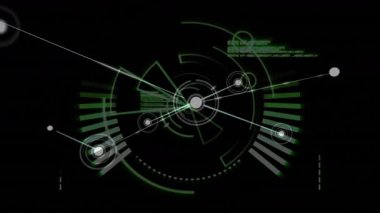 Merkezi dairesel HUD ögesi parlıyor, çevreleyen düğümleri yeşil veri çubukları ve çizgileriyle birleştiriyor. Fütürist, dijital, sibernetik, soyut, teknoloji, arayüz, minimalist