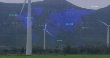 Kırsal vadide dönen üç rüzgar türbini mavi şebeke haritasında yüzen veri noktalarını gösteriyor. Yenilenebilir enerji, sürdürülebilirlik, çevre, teknoloji, manzara, çevre dostu, modern