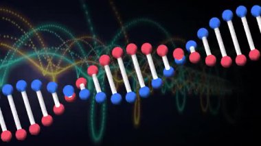 Moleküler merdiven koyu renk veri arkaplanına göre görüntüleniyor, kırmızı mavi küreler birleşiyor. Bilim, teknoloji, dijital, soyut, yenilik, fütüristik, veri