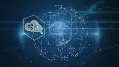 Dijital ağ sahnesinde dönen üç boyutlu düğüm, bulut, dişli, ingiliz anahtarlı altıgen simgeleri içeriyor. Gelecek, teknoloji, bağlantı, yenilik, dijital, ağ, soyut