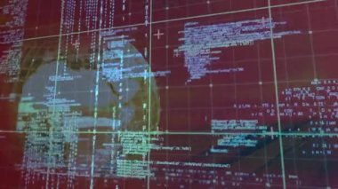 Yarı şeffaf kablo küresi neon-yeşil ızgara üzerinde dönüyor, beyaz ve siyanür kodları akıyor. Gelecek, teknoloji, dijital, soyut, siber, yenilik, ağ