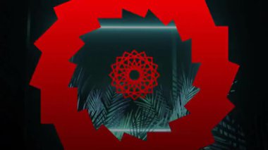 Cyan neon çerçeve, siluetli palmiye yapraklarını karanlık animasyon resimleriyle aydınlatıyor. Neon, siluet, tropikal, minimalizm, karamsar, kontrast, atmosferik