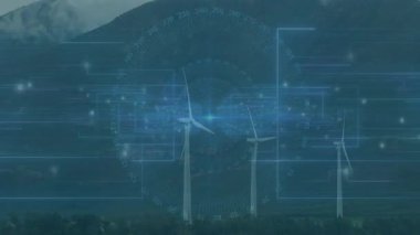 Vadinin üzerinde dönen üç rüzgar türbini düz tasarımda parlayan mavi veri göstergeleri gösteriyor. Yenilenebilir, sürdürülebilirlik, teknoloji, yenilik, çevre, temizlik enerjisi, vizyon sahibi