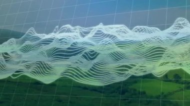 Yeşil çimenli vadi üzerinde soluk yeşil dalgalar gösteren şeffaf üç boyutlu dalga boyu ızgara görüntüleniyor. Soyut, fütüristik, teknoloji, manzara, topoloji, bağlantı, yenilik