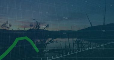 Alacakaranlık göl manzarası üzerinde yükselen yeşil zigzag çizelgesi, sayısal etiketleri ve ızgara çizgilerini gösteriyor. Finansal, teknoloji, doğa, analitik, yatırım, aydınlanma, sükunet