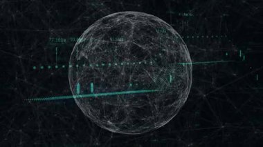 Karanlık arayüzde yüzen 3D ağ küresi, neon yeşil veri etiketleri, şamdan çizelgeleri sergiliyor. Dijital, teknoloji, fütüristik, veri görselleştirme, siber, yenilik, analitik