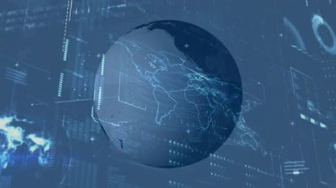 Teknolojik gösterge panelinde dönen üç boyutlu dijital küresel görselleştirme, ağ çizgileri ve veri panelleri gösteriliyor. Futuristik, teknoloji, veri görselleştirme, siber, sanal, dijital arayüz, analitik