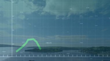 Düz tasarım yeşil zigzag çizgisi, kıyı koyuna şebeke örtüsü ve sayı etiketleriyle tırmanıyor. Veri analizi, görselleştirme, denizcilik, dijital arayüz, doğal manzara, bilgi grafikleri, coğrafi
