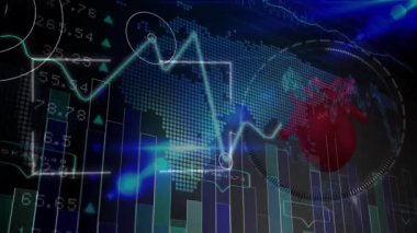 Işıldayan turkuaz hat grafiği, noktalı dünya haritasının üzerindeki tepe ve dipleri, sayısal etiketlerle örtüyor. Teknoloji, analitik, veri, finans, gösterge paneli, dijital, görselleştirme