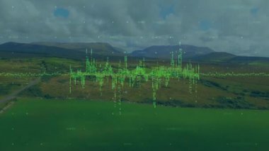 Tarım verileri, yeşil dalga biçimi örtülü, hava tarlaları üzerinde yüzen görselleştiriliyor. Kırsal, peyzaj, veri görselleştirme, tarım, dijital, teknoloji, doğa
