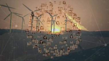 Tasarımcılar, yenilenebilir enerji verilerini ön plana çıkararak rüzgar çiftliği günbatımına ağ portreleri çiziyorlar. Gelecekçi, dijital, teknoloji, sürdürülebilirlik, yenilik, bağlantı, çevre dostu