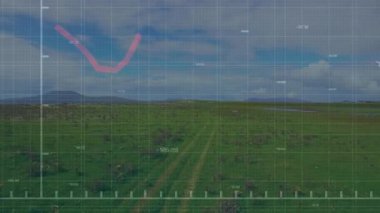 Kırmızıdan turuncuya zigzag çizgisi çizgisi çimenli çayır ızgarası üzerinde canlandırılıyor ve sayısal eksen kenelerini gösteriyor. Veri görselleştirme, analitik, bilgi grafikleri, açık hava, doğal manzara, modern tasarım, teknik