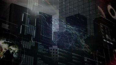 Sibernetik HUD üzerinde canlandırılan dijital dünya haritası, bağlantı hatlarını gösteriyor. Gelecek, teknoloji, veri, yenilik, arayüz, holografi, siber güvenlik