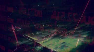 Sanal veri ızgarasında yükselen katı kırmızı ok yüzen yeşil kareler ve sayısal düğümleri gösteriyor. Futuristik, dijital, soyut, veri görselleştirme, ağ, teknoloji, analitik