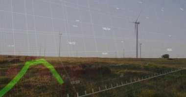 Çimenli tepelerde türbinler ve yeşil çizgi grafiğiyle rüzgar performansını gösteren dijital şebeke. Yenilenebilir, sürdürülebilirlik, enerji, teknoloji, otomasyon, ekolojik, yenilik