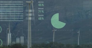 Rüzgar türbini Dağ Vadisi 'nde, şeffaf veri tablosu 3D görüntüleme ile görselleştiriliyor. Yenilenebilir enerji, sürdürülebilir, çevre dostu, teknoloji, görselleştirme, rüzgar teknolojisi, dağlık