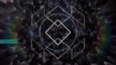 Düz tasarımda karanlık parçacık zemininde yüzen merkezi neon şekilleri kümesi. Fütürist, geometrik, soyut, neon, dijital, bilim kurgu, canlı
