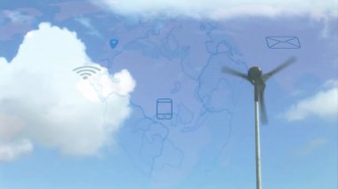 Anemometre rüzgar sensörü, dünya haritasında yüzen ağ simgelerini 3 boyutlu olarak gösteriyor. Teknoloji, bağlantı, ağ, açık hava, modern, yenilik, dijital