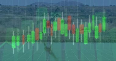 Zürafa boyun eğip su içerken çizelge çizgileri Savannah 'ın üzerinde düz bir tasarım içinde kayıyor. Vahşi yaşam, çöl, kuru arazi, doğa, ekosistem, analitik, finans