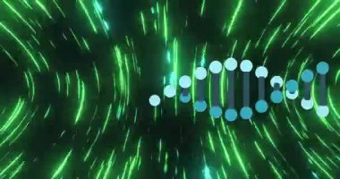 3 boyutlu DNA sarmalı, derin gradyan boyunca dönüyor, turkuaz düğümler ve neon-yeşil çizgiler gösteriyor. Fütürist, bilim, teknoloji, yenilik, moleküler, dijital, enerji