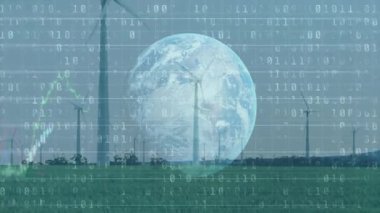 Yeşil alan boyunca dönen rüzgar türbinleri ikili kodların üst üste bindiğini ve grafiğin% 6.78 arttığını gösteriyor. Yenilenebilir, sürdürülebilirlik, teknoloji, temiz enerji, ekoloji, ekolojik, dijital