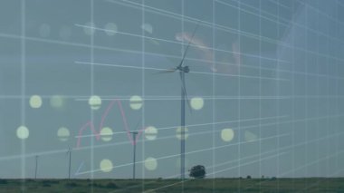 Büyük rüzgar türbini düz tasarım kullanılarak canlandırılıyor, ızgara örtüsü ve renkli çizgi grafikleri gösteriliyor. Yenilenebilir enerji, sürdürülebilirlik, teknoloji, veri analizleri, çevre, modern, çevre dostu