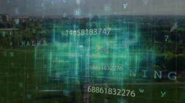 Park üzerinde yüzen sayısal kodlarla gösterilen yeşil dijital kaplama. Teknoloji, yenilik, çevre, bağlantı, sürdürülebilirlik, fütüristik, manzara