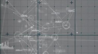 Parlak ağ düğümleri ve bağlantı hatları arayüz boyunca akıyor, yüzen çubuk grafikleri gösteriliyor. Gelecekçi, teknoloji, siber güvenlik, büyük veri, dijital, yenilik, profesyonel