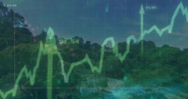Kıyı ormanları şebeke ile örtülmüş durumda, yükselen yeşil çizgiler, kırmızı noktalı trend, işaret 50.03. Doğa, finans, analitik, büyüme, manzara, yatırım, görselleştirme