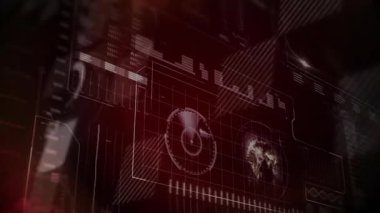 Merkezi dairesel HUD ögesi geleceksel ekranda parlıyor, ızgara örtülerini, göstergeleri, grafikleri gösteriyor. Fütürist, teknoloji, arayüz, dijital, veri, görselleştirme, bilim kurgu