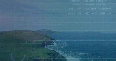 Canlandırılmış borsa grafikleri, kıyı uçurumlarını trafik çizgileri ve veri çizelgeleriyle örtüyor. Manzaralı, analitik, canlı, açık hava, finansal, dinamik, doğa