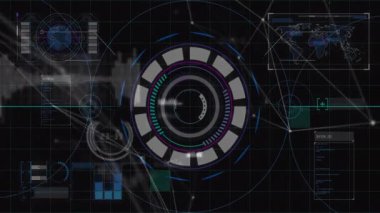 Merkezi dairesel HUD arama izdüşümü dinamik paneller ve ızgara boyunca parlayan düğümler düz tasarımda. Fütürist, dijital, neon, arayüz, teknoloji, analitik, bağlantı