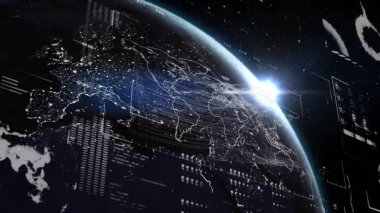Yerküre küre yüzen HUD panellerle dönüyor, kıtaları izleyen dijital çizgiler, akan vektörler. Gezegen, teknoloji, yenilik, dijital, analitik, veri görselleştirme, bilim kurgu