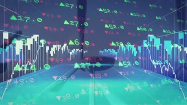 3D render dijital ticaret arayüzü parlayan şebeke zemininde neon borsa göstergelerini gösteriyor. Fütürist, teknoloji, yenilik, veri, analitik, dalgın, modern