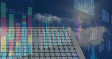 Finansal veri görselleştirmesi, üç boyutlu büyü ızgarası ve kaydırma çizelgeleri ile sanal sahnede canlandırılıyor. Gelecekçi, teknoloji, analitik, veri, yenilik, dijital, dolambaçlı