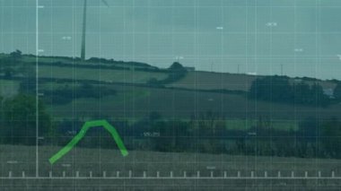Tepeler üzerinde güç üreten rüzgar türbini, yeşil hat şeması ve deniz mavisi kaplamalı. Yenilenebilir, sürdürülebilirlik, çevre dostu, teknoloji, tarım, analitik, manzara