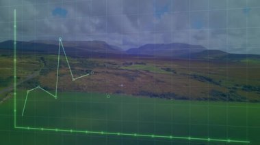 Kırsal alanlarda şeffaf neon-yeşil çizgi çizelgesi canlandırılıyor, veri işaretleyicileri ve ızgara eksenlerini gösteriyor. Hava, manzara, veri görselleştirme, bilgi grafikleri, açık hava, kırsal, doğa