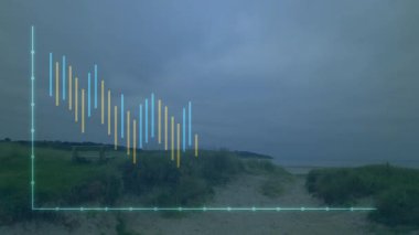 Kum tepeleri üzerinde yüzen veri görselleştirmesi, mavi altın çubukları ve cyan çizgi grafiğini gösteriyor. Peyzaj, doğa, teknoloji, analitik, manzara, ruh hali, eğilim