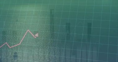 Sakin su yüzeyinde akan pembe zigzag çizgisi, şeffaf ızgara ve çubuk çizelgeleri gösteriyor. Finansal, veri, görselleştirme, modern, soyut, analitik, dijital